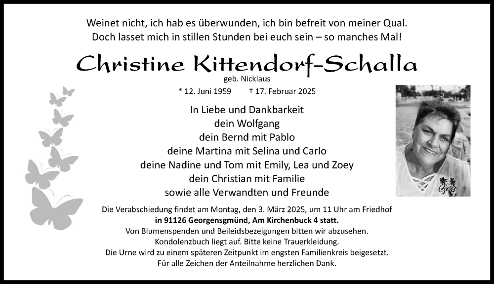  Traueranzeige für Christine Kittendorf-Schalla vom 22.02.2025 aus Roth-Hilpoltsteiner Volkszeitung Lokal