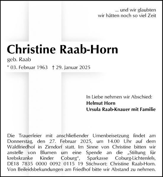 Traueranzeige von Christine Raab-Horn von Gesamtausgabe Nürnberger Nachrichten/ Nürnberger Ztg./ Fürther Nachrichten