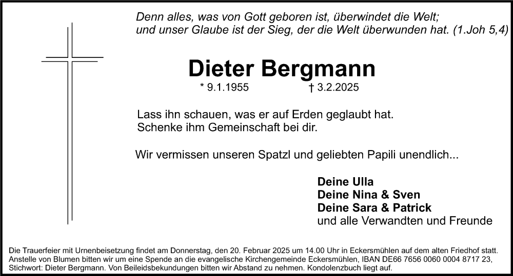  Traueranzeige für Dieter Bergmann vom 15.02.2025 aus Roth-Hilpoltsteiner Volkszeitung Lokal