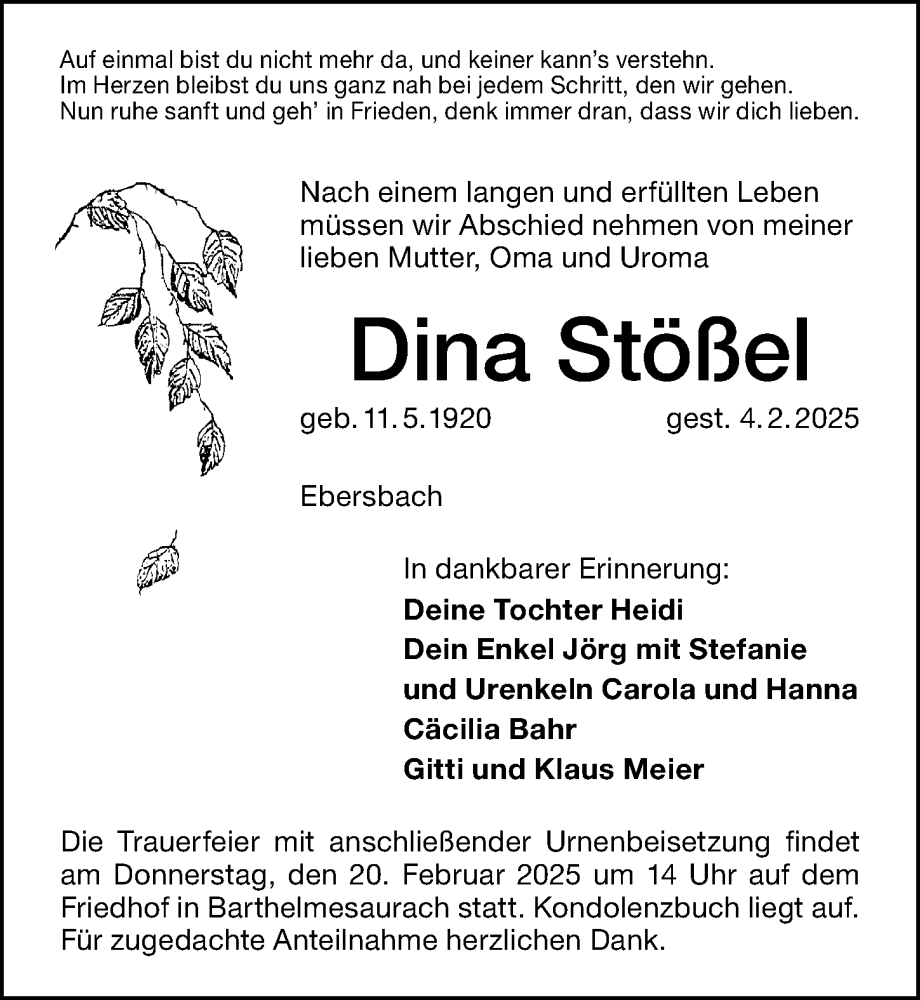  Traueranzeige für Dina Stößel vom 15.02.2025 aus Schwabacher Tagblatt Lokal