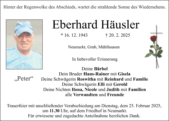 Traueranzeige von Eberhard Häusler von Neumarkter Nachrichten Lokal