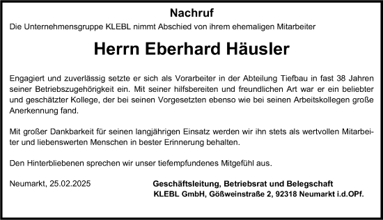 Traueranzeige von Eberhard Häusler von Neumarkter Nachrichten Lokal