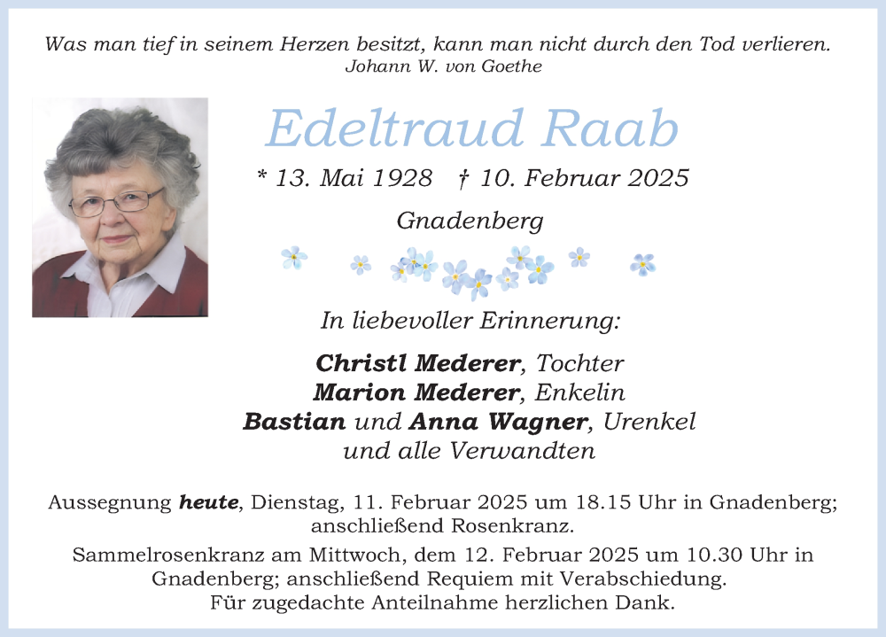  Traueranzeige für Edeltraud Raab vom 11.02.2025 aus Neumarkter Nachrichten Lokal