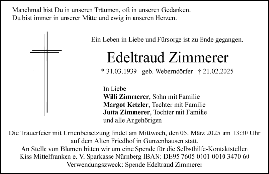 Traueranzeige von Edeltraud Zimmerer von Altmühl-Bote Lokal