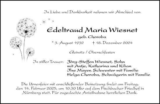 Traueranzeige von Edeltraud Maria Wiesnet von Gesamtausgabe Nürnberger Nachrichten/ Nürnberger Ztg.