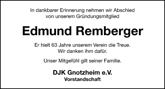 Traueranzeige von Edmund Remberger von Altmühl-Bote Lokal