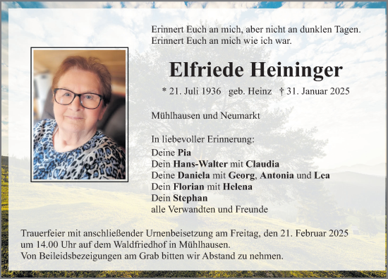 Traueranzeige von Elfriede Heininger von Neumarkter Nachrichten Lokal