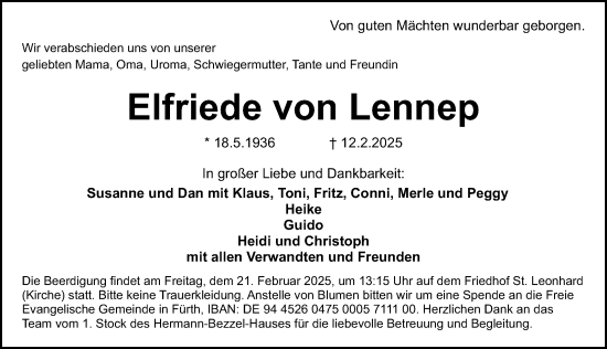 Traueranzeige von Elfriede von Lennep von Gesamtausgabe Nürnberger Nachrichten/ Nürnberger Ztg.