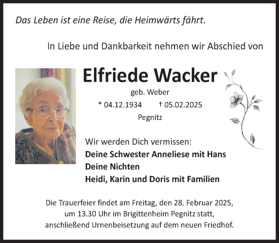 Traueranzeige von Elfriede Wacker von Nordbayerische Nachrichten Pegnitz Lokal