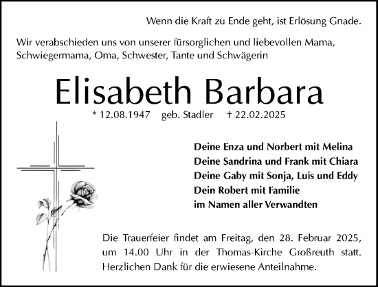 Traueranzeige von Elisabeth Barbara von Gesamtausgabe Nürnberger Nachrichten/ Nürnberger Ztg.