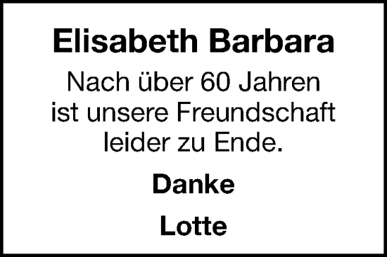 Traueranzeige von Elisabeth Barbara von Gesamtausgabe Nürnberger Nachrichten/ Nürnberger Ztg.