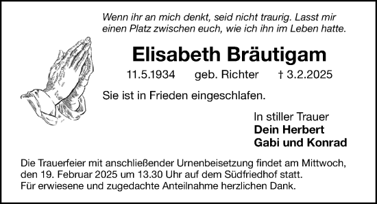 Traueranzeige von Elisabeth Bräutigam von Gesamtausgabe Nürnberger Nachrichten/ Nürnberger Ztg.