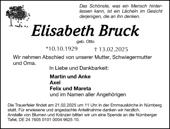 Traueranzeige von Elisabeth Bruck von Gesamtausgabe Nürnberger Nachrichten/ Nürnberger Ztg.