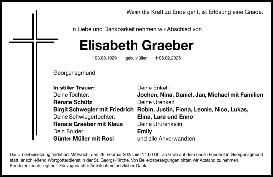 Traueranzeige von Elisabeth Graeber von Roth-Hilpoltsteiner Volkszeitung Lokal