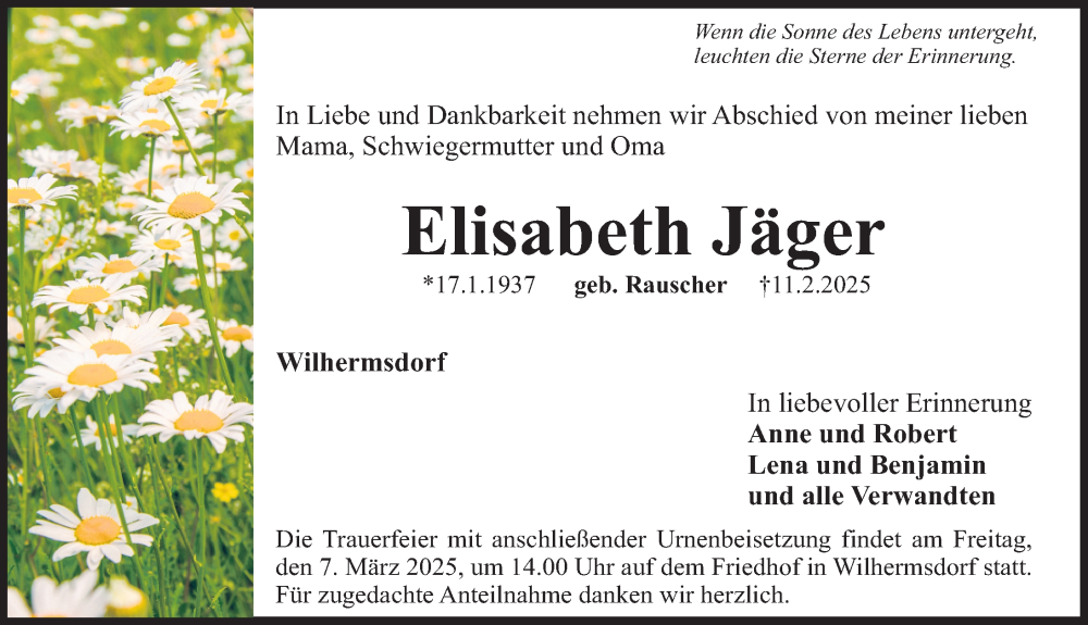  Traueranzeige für Elisabeth Jäger vom 01.03.2025 aus Fürther Nachrichten Lokal