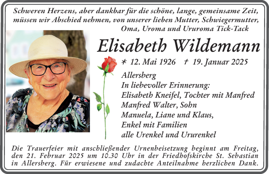 Traueranzeige von Elisabeth Wildemann von Roth-Hilpoltsteiner Volkszeitung Lokal