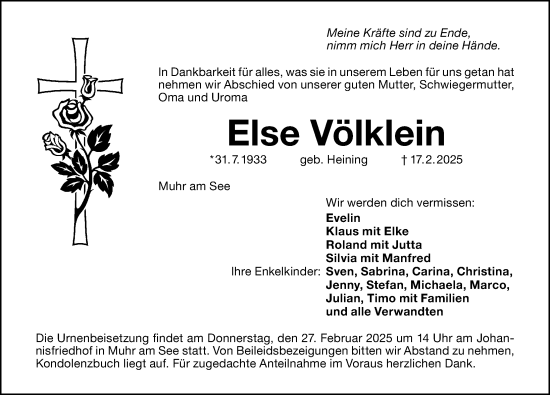 Traueranzeige von Else Völklein von Altmühl-Bote Lokal