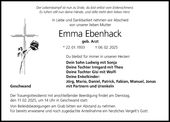 Traueranzeige von Emma Ebenhack von Nordbayerische Nachrichten Forchheim Lokal