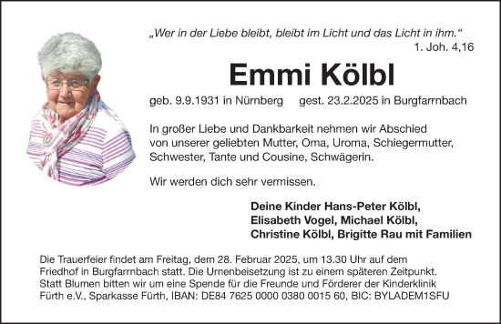 Traueranzeige von Emmi Kölbl von Fürther Nachrichten Lokal