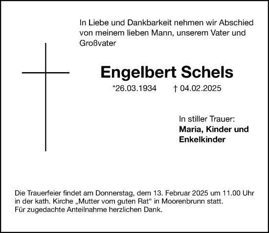 Traueranzeige von Engelbert Schels von Gesamtausgabe Nürnberger Nachrichten/ Nürnberger Ztg.