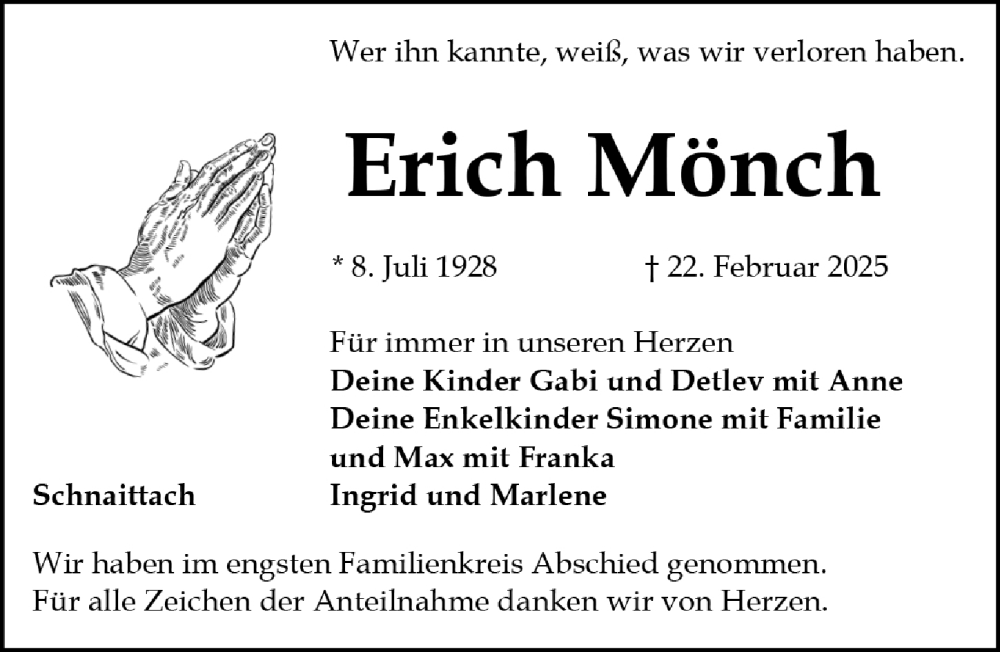  Traueranzeige für Erich Mönch vom 01.03.2025 aus Gesamtausgabe Nürnberger Nachrichten/ Nürnberger Ztg.