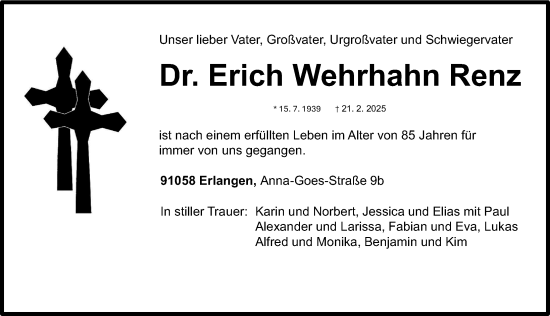 Traueranzeige von Erich Wehrhahn Renz von Erlanger Nachrichten Lokal
