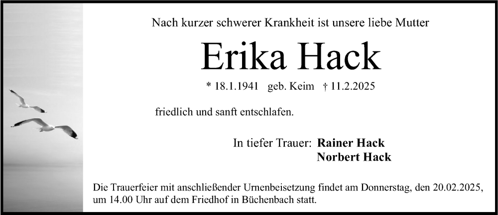  Traueranzeige für Erika Hack vom 15.02.2025 aus Erlanger Nachrichten Lokal
