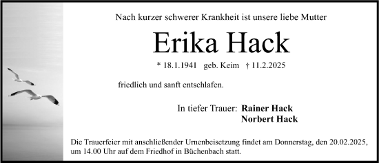 Traueranzeige von Erika Hack von Erlanger Nachrichten Lokal