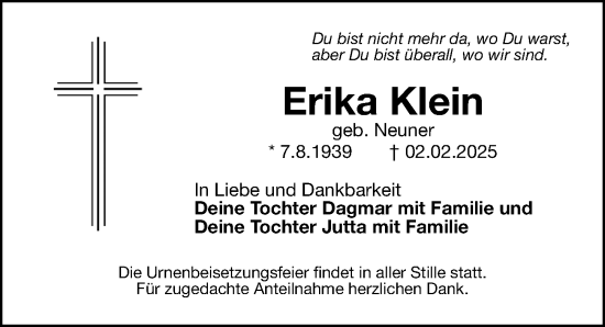 Traueranzeige von Erika Klein von Fürther Nachrichten Lokal