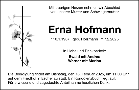 Traueranzeige von Erna Hofmann von Gesamtausgabe Nürnberger Nachrichten/ Nürnberger Ztg.