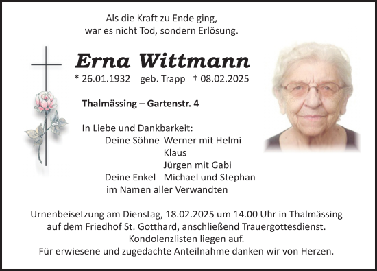 Traueranzeige von Erna Wittmann von Roth-Hilpoltsteiner Volkszeitung Lokal