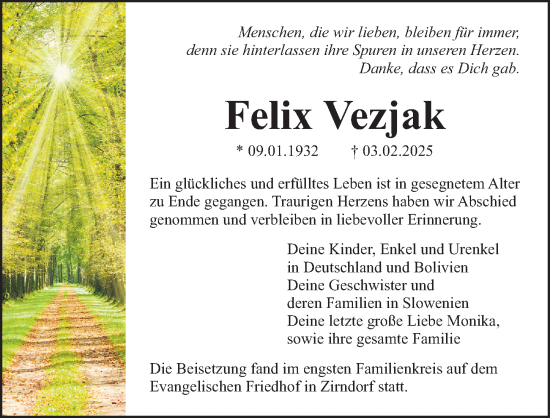 Traueranzeige von Felix Vezjak von Fürther Nachrichten Lokal