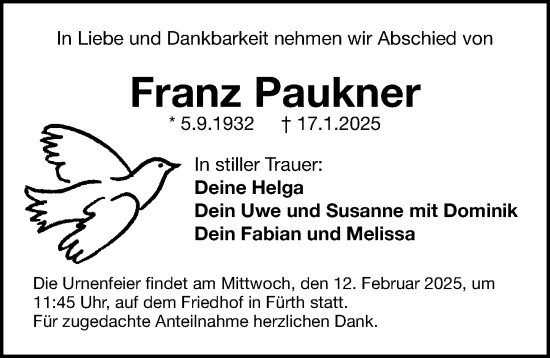 Traueranzeige von Franz Paukner von Fürther Nachrichten Lokal