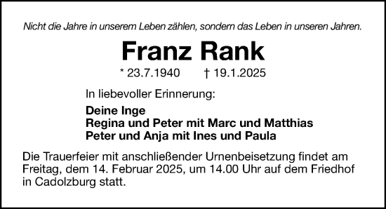 Traueranzeige von Franz Rank von Fürther Nachrichten Lokal