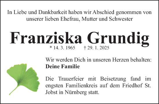 Traueranzeige von Franziska Grundig von Gesamtausgabe Nürnberger Nachrichten/ Nürnberger Ztg.