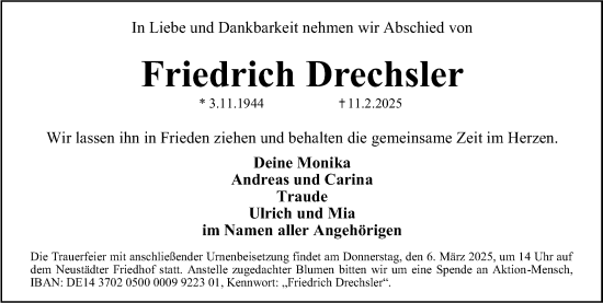 Traueranzeige von Friedrich Drechsler von Erlanger Nachrichten Lokal