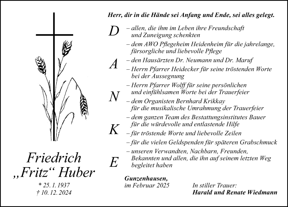  Traueranzeige für Friedrich Huber vom 28.02.2025 aus Altmühl-Bote Lokal