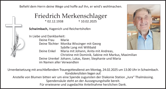 Traueranzeige von Friedrich Merkenschlager von Roth-Hilpoltsteiner Volkszeitung Lokal