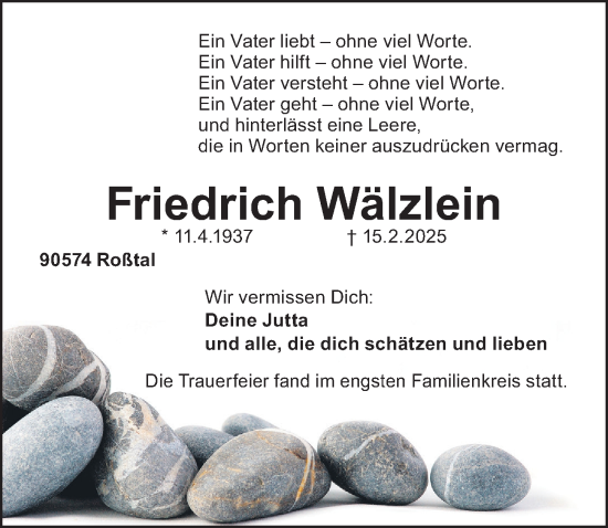 Traueranzeige von Friedrich Wälzlein von Fürther Nachrichten Lokal