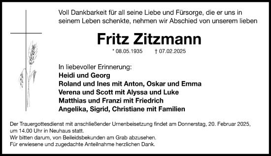 Traueranzeige von Fritz Zitzmann von Nordbayerische Nachrichten Herzogenaurach Lokal