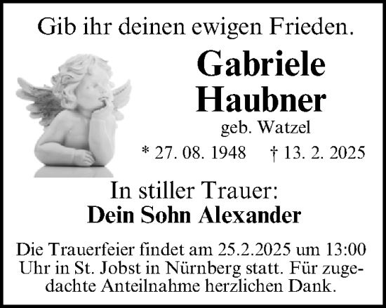 Traueranzeige von Gabriele Haubner von Gesamtausgabe Nürnberger Nachrichten/ Nürnberger Ztg.