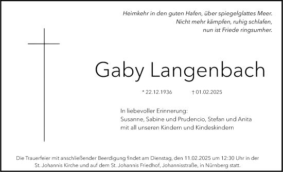 Traueranzeige von Gaby Langenbach von Gesamtausgabe Nürnberger Nachrichten/ Nürnberger Ztg.