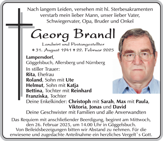 Traueranzeige von Georg Brandl von Roth-Hilpoltsteiner Volkszeitung Lokal