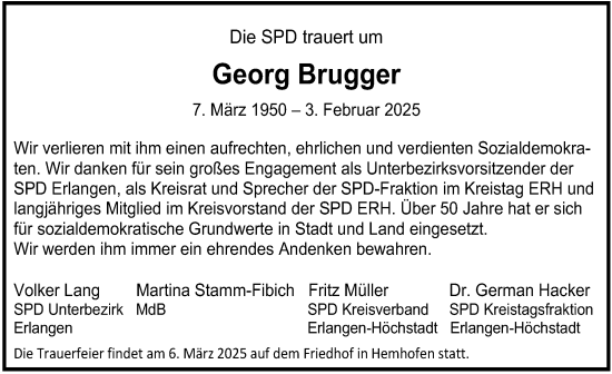 Traueranzeige von Georg Brugger von Erlanger Nachrichten Lokal