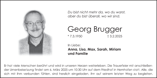 Traueranzeige von Georg Brugger von Erlanger Nachrichten Lokal