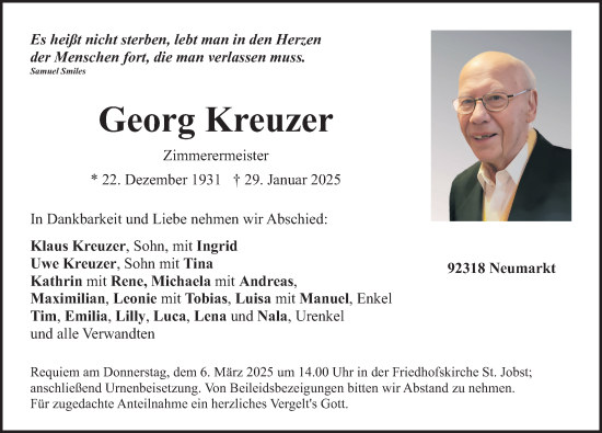 Traueranzeige von Georg Kreuzer von Neumarkter Nachrichten Lokal