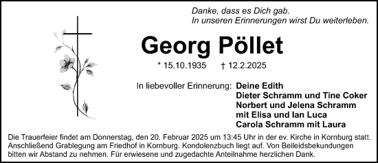 Traueranzeige von Georg Pöllet von Gesamtausgabe Nürnberger Nachrichten/ Nürnberger Ztg.