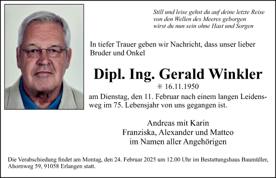 Traueranzeige von Gerald Winkler von Erlanger Nachrichten Lokal