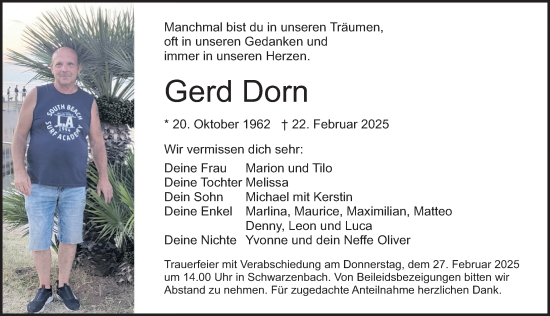 Traueranzeige von Gerd Dorn von Neumarkter Nachrichten Lokal