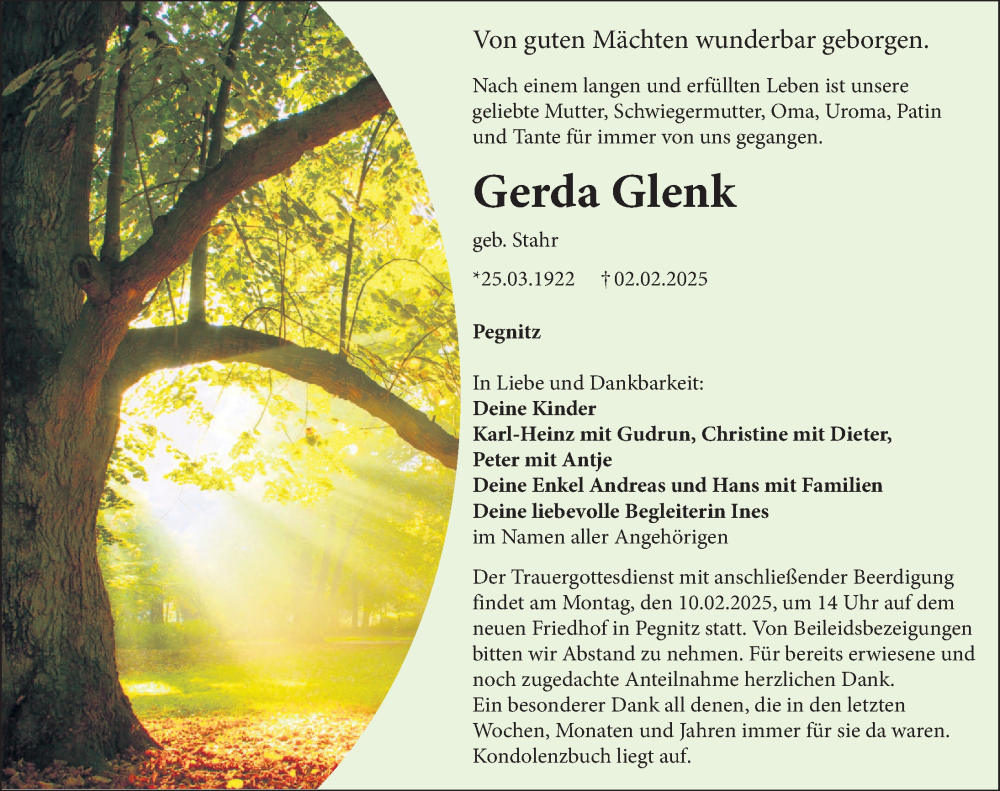  Traueranzeige für Gerda Glenk vom 06.02.2025 aus Nordbayerische Nachrichten Pegnitz Lokal